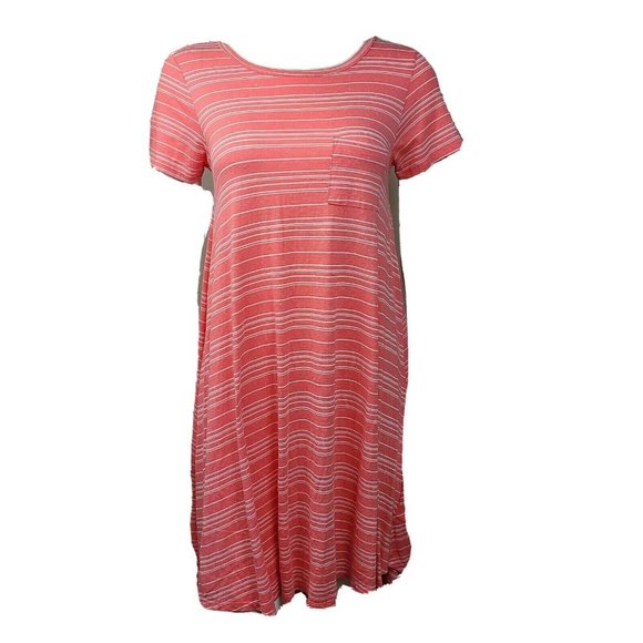 LULAROE Pink White Striped Short Sleeve Carly Dress Womens Size XXS - Picture 1 of 6